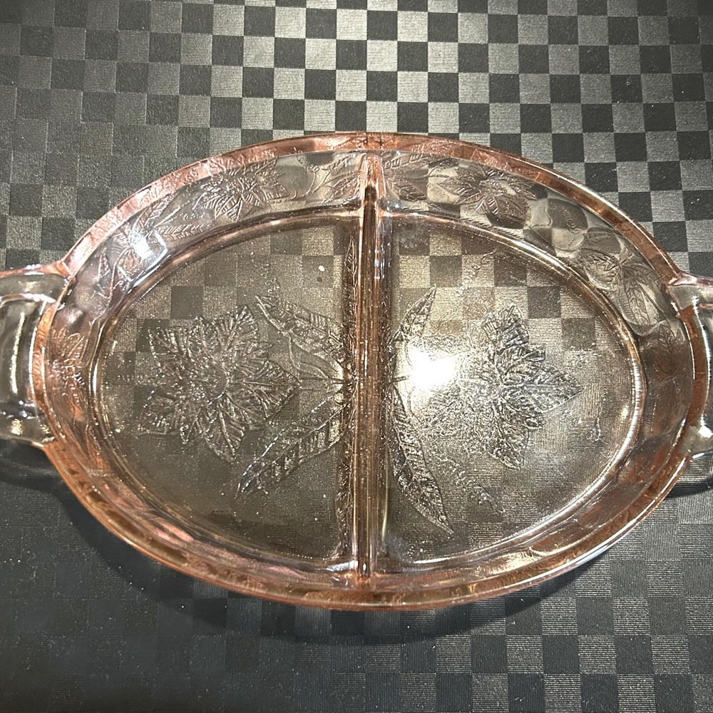 Clear Pink Floral Poinsettia Jeanette Depression Glass Divided Relish Tray